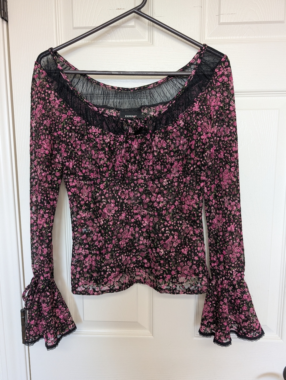 Express Womens S Sheer Floral Sheer Top Whimsigoth Y2K Bell Sleeve Milkmaid Pink